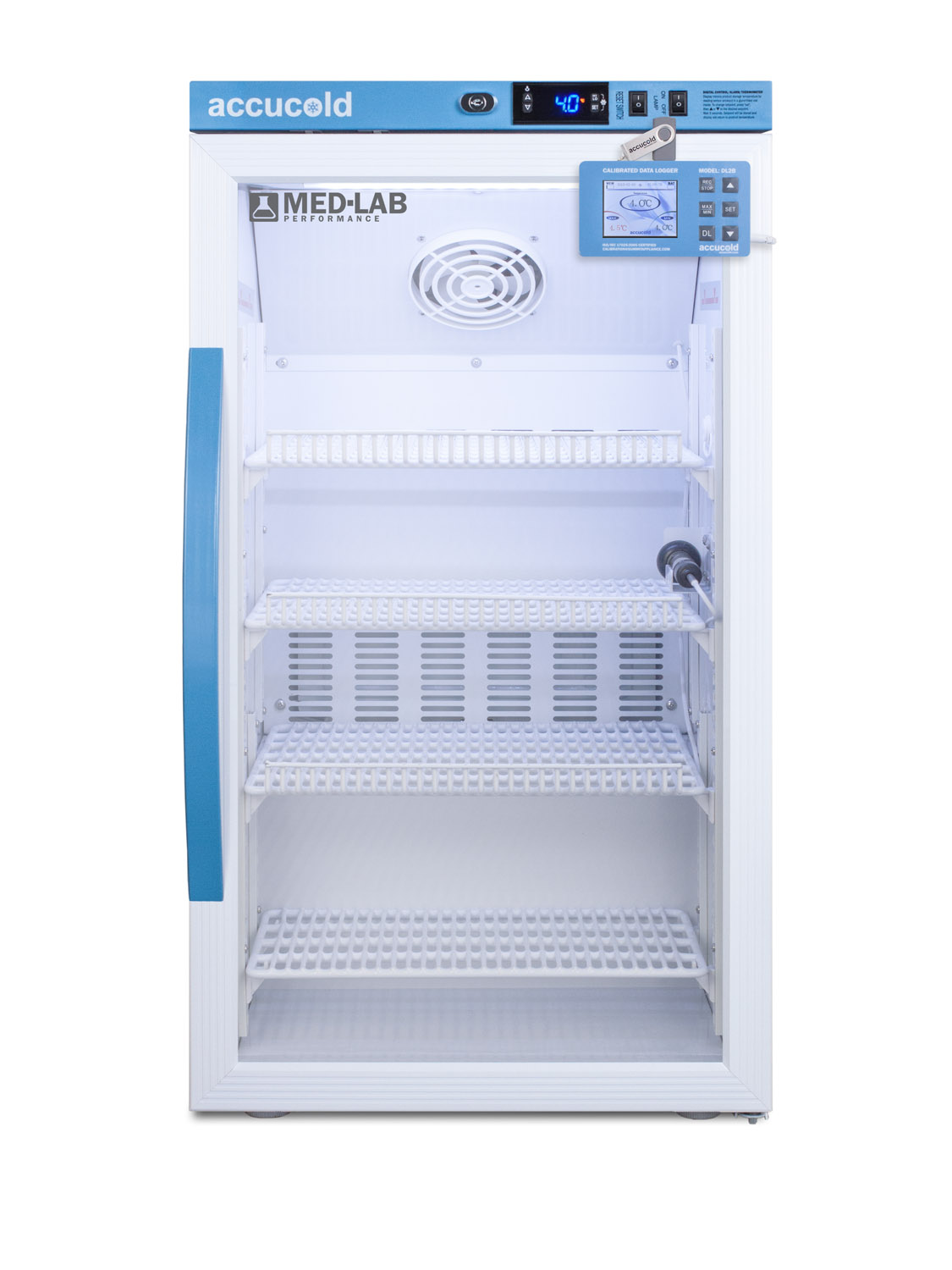 Performance series Med-Lab 3 cu.ft. counter height glass door all-refrigerator for laboratory storage with factory-installed data logger, a hospital grade cord with 'green dot' plug, and antimicrobial silver-ion handle
